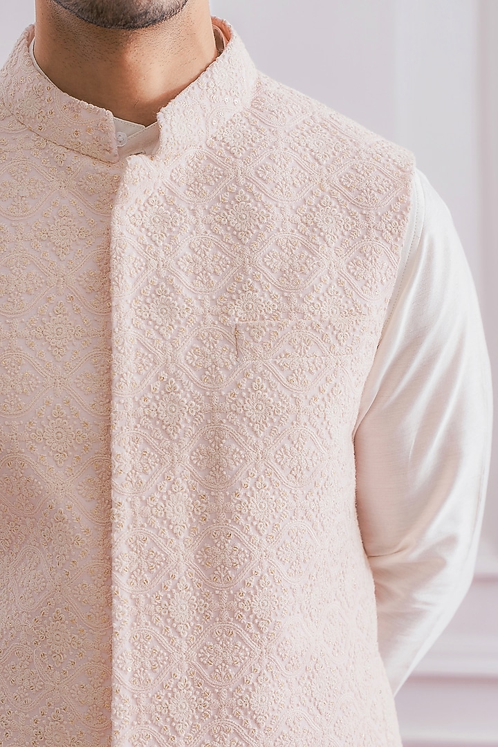 Powder Pink Cotton Thread Embroidered Lucknowi Nehru Jacket Set by Ankit V Kapoor at Pernia's Pop Up Shop
