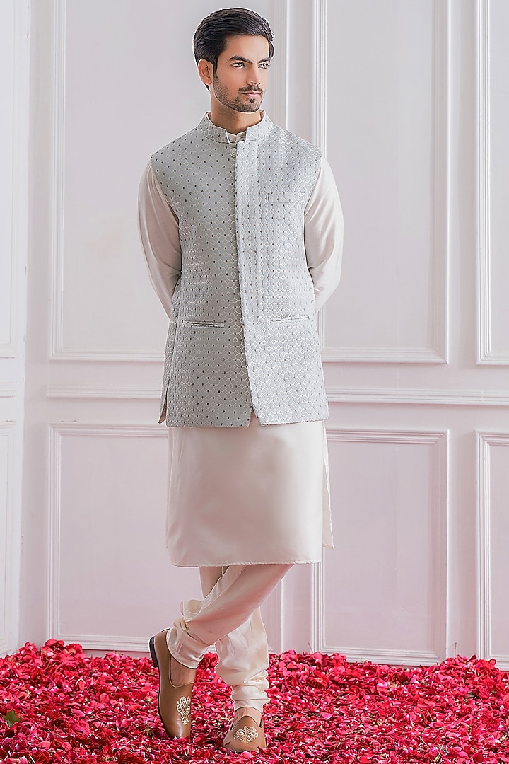Powder Blue Jacquard Nehru Jacket by Ankit V Kapoor at Pernia's Pop Up Shop