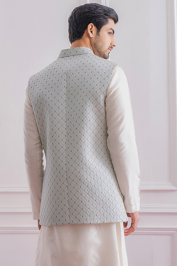 Powder Blue Jacquard Nehru Jacket by Ankit V Kapoor at Pernia's Pop Up Shop