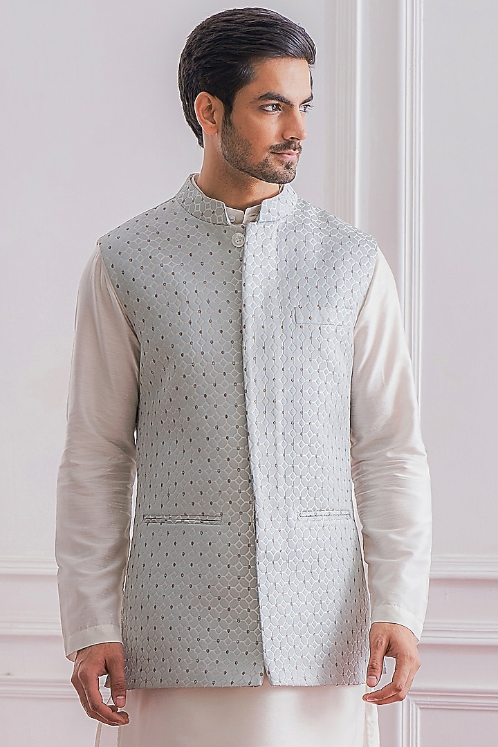 Powder Blue Jacquard Nehru Jacket by Ankit V Kapoor at Pernia's Pop Up Shop