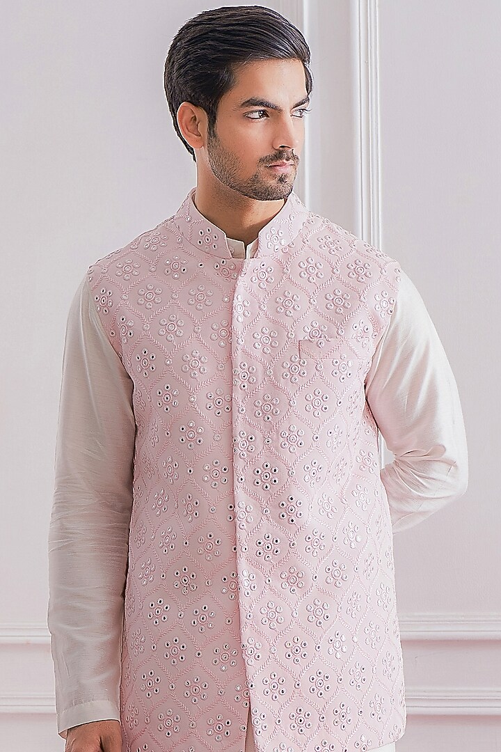 Powder Pink Pure Georgette Machine Embroidered Lucknowi Nehru Jacket Set by Ankit V Kapoor at Pernia's Pop Up Shop