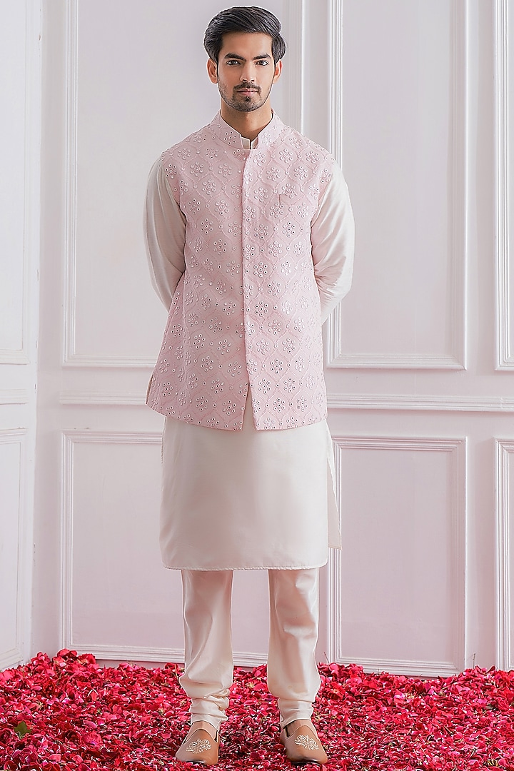 Powder Pink Mirror Embroidered Nehru Jacket by Ankit V Kapoor