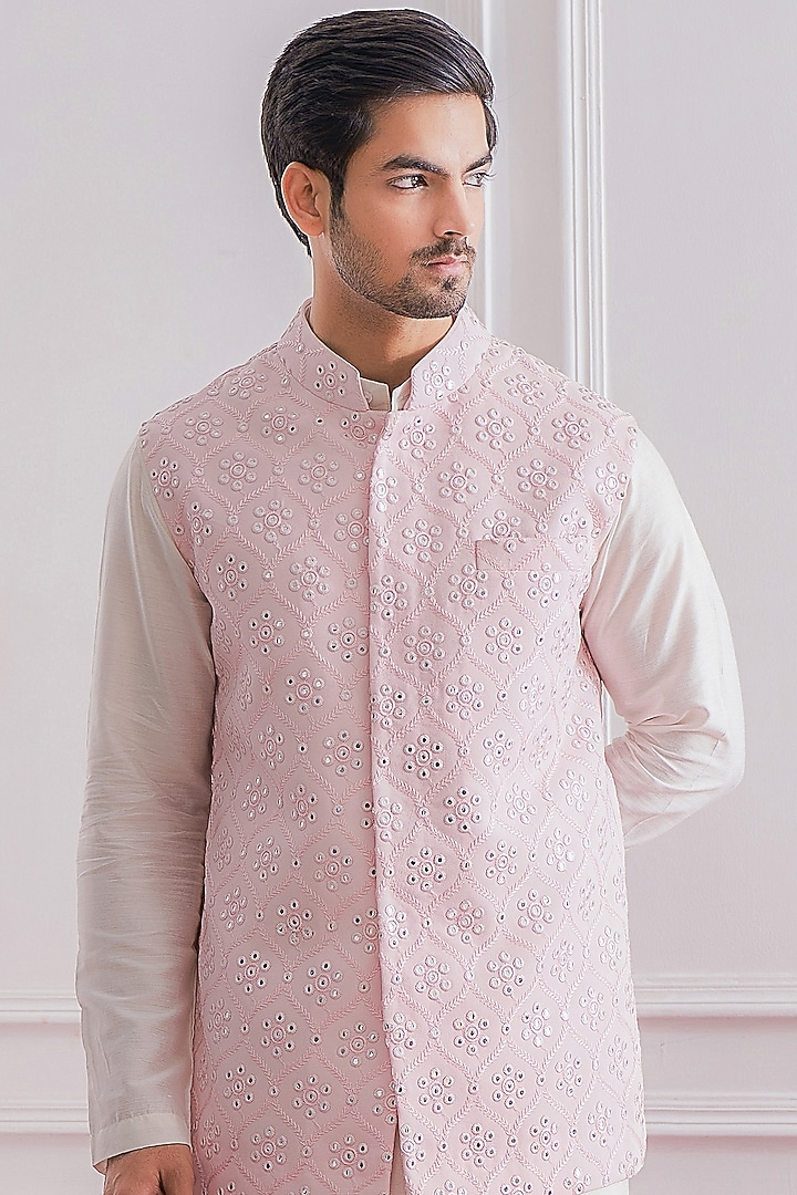 Powder Pink Mirror Embroidered Nehru Jacket by Ankit V Kapoor at Pernia's Pop Up Shop