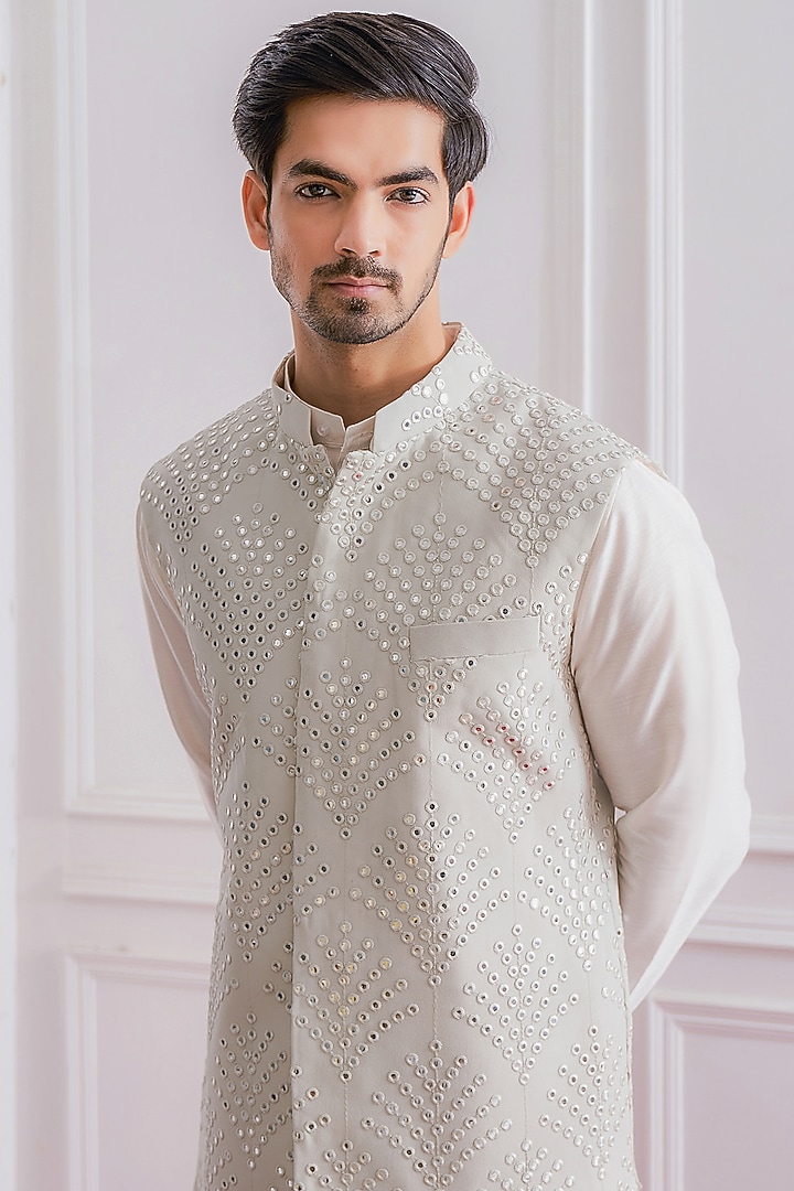 Sage Green Jacquard Machine Embroidered Nehru Jacket Set by Ankit V Kapoor at Pernia's Pop Up Shop