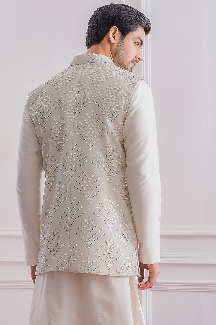 Sage Green Jacquard Mirror & Machine Embroidered Nehru Jacket by Ankit V Kapoor at Pernia's Pop Up Shop