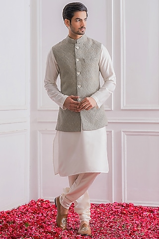 Ash Grey Pure Georgette Sequins Embroidered Lucknowi Nehru Jacket Set by Ankit V Kapoor
