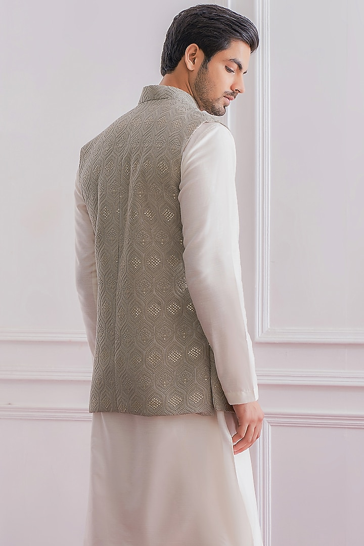 Ash Grey Pure Georgette Sequins Embroidered Lucknowi Nehru Jacket Set by Ankit V Kapoor at Pernia's Pop Up Shop