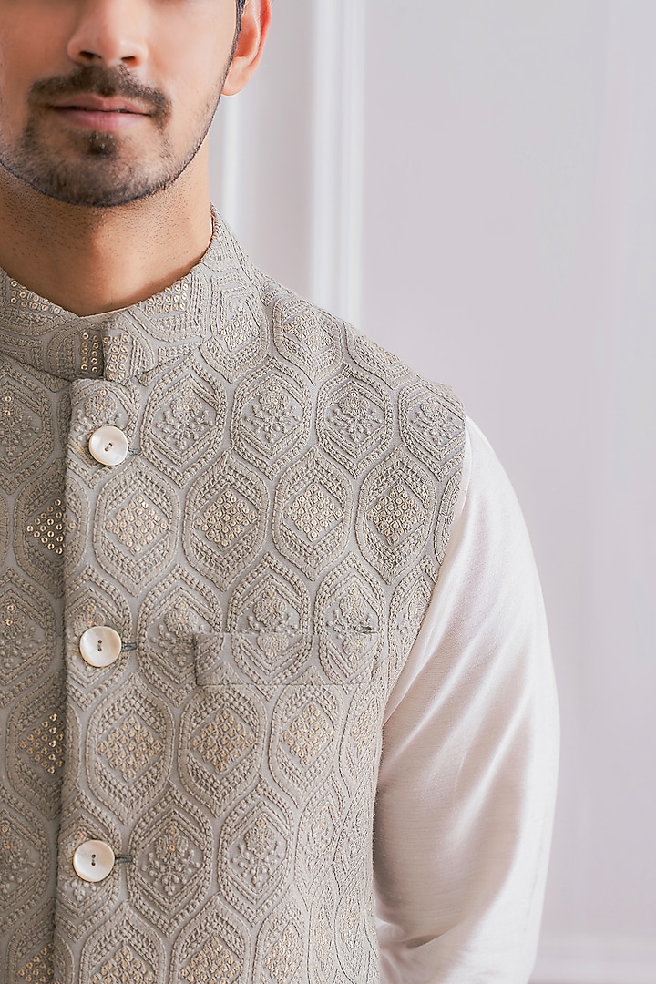 Ash Grey Pure Georgette Sequins Embroidered Lucknowi Nehru Jacket Set by Ankit V Kapoor at Pernia's Pop Up Shop