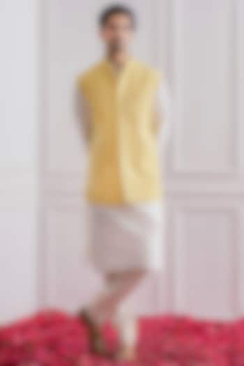 Off-White Kurta Set With Yellow Nehru Jacket by Ankit V Kapoor