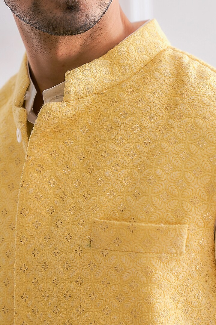 Yellow Pure Georgette Sequins Embroidered Lucknowi Nehru Jacket Set by Ankit V Kapoor at Pernia's Pop Up Shop