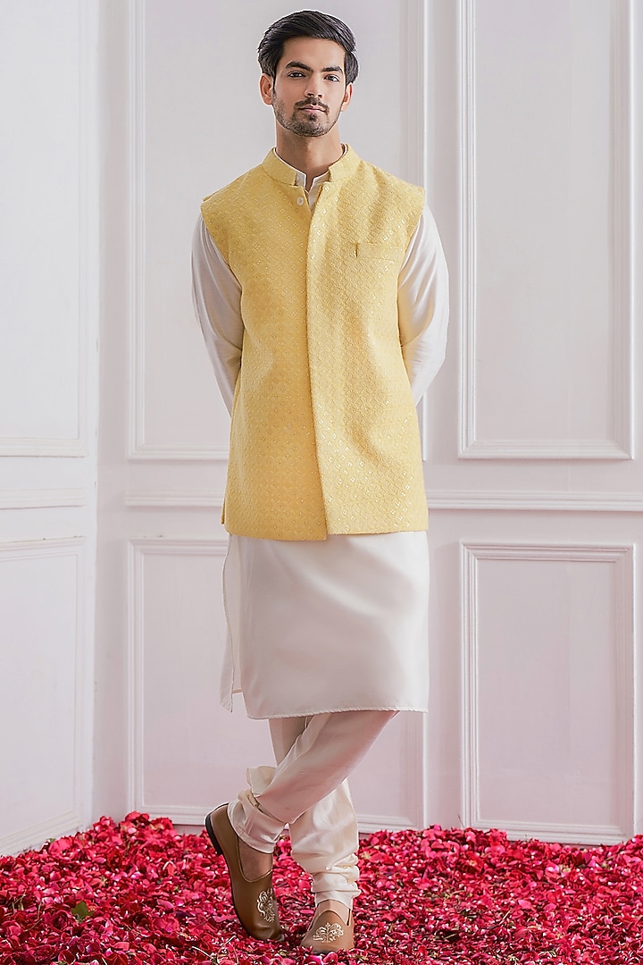 Yellow Pure Georgette Embroidered Lucknowi Nehru Jacket Set by Ankit V Kapoor