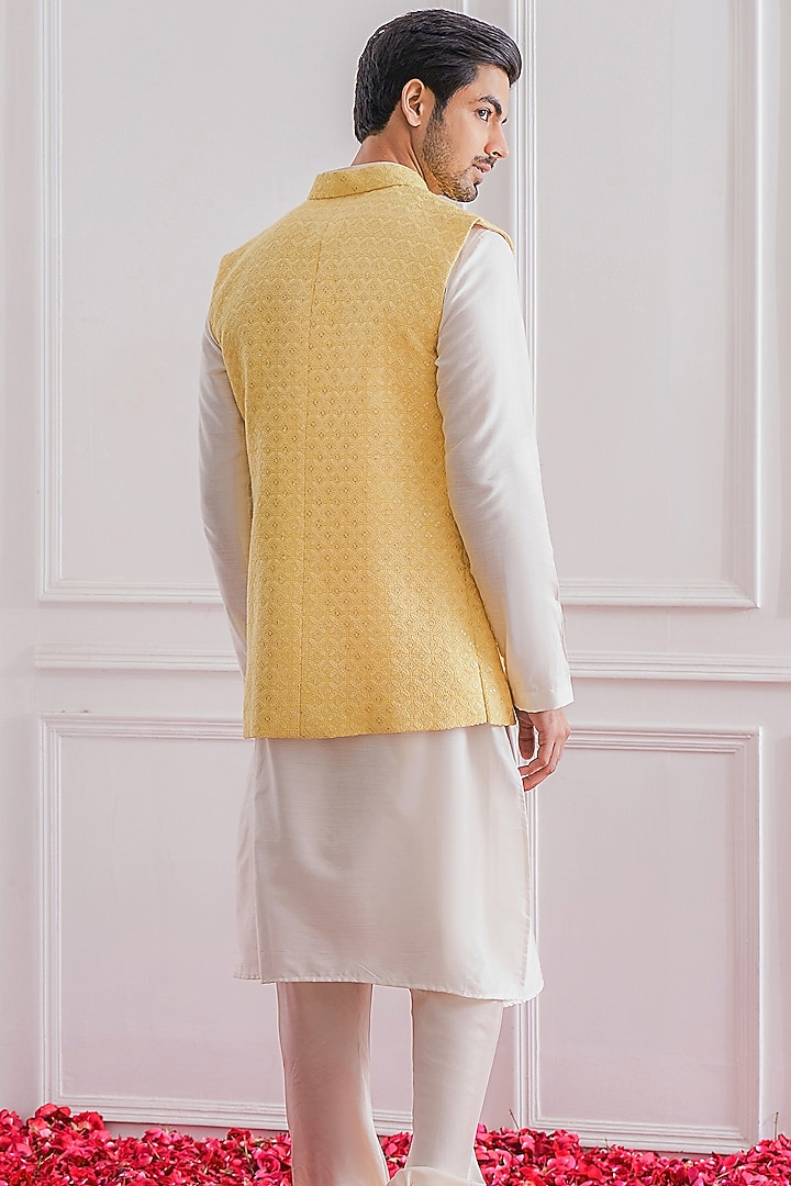Yellow Pure Georgette Embroidered Lucknowi Nehru Jacket Set by Ankit V Kapoor at Pernia's Pop Up Shop