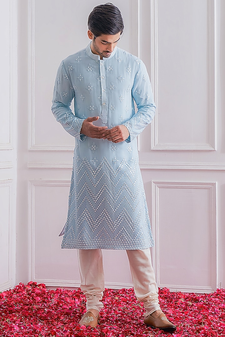 Powder Blue Embroidered Kurta Set by Ankit V Kapoor at Pernia's Pop Up Shop