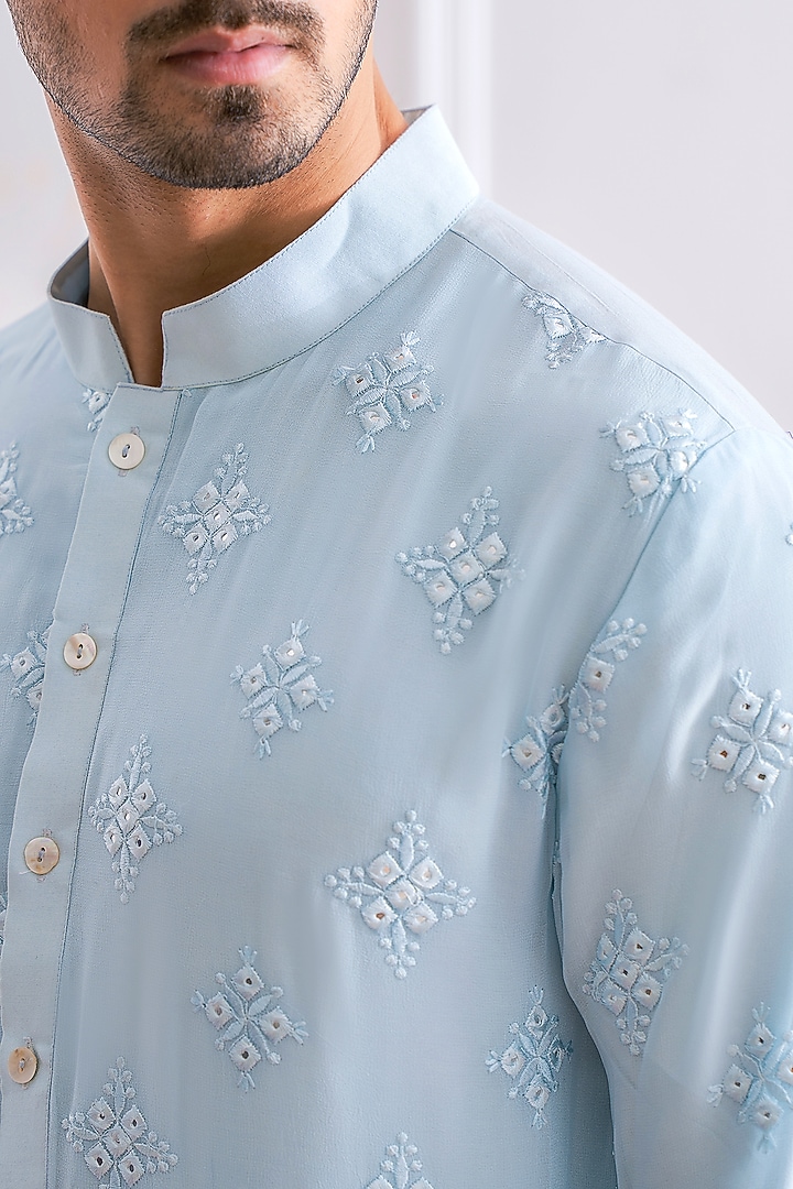 Powder Blue Embroidered Kurta Set by Ankit V Kapoor at Pernia's Pop Up Shop