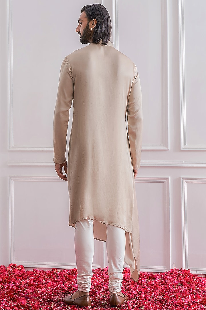 Rhino Grey Satin Crepe Asymmetrical Draped Kurta Set by Ankit V Kapoor at Pernia's Pop Up Shop
