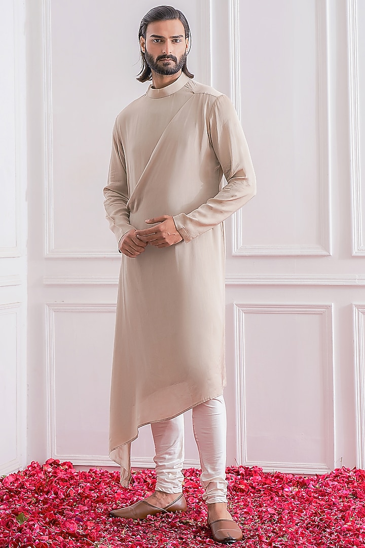 Rhino Grey Satin Crepe Asymmetrical Draped Kurta Set by Ankit V Kapoor at Pernia's Pop Up Shop