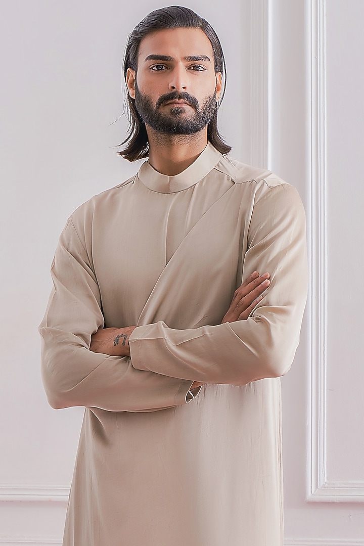 Rhino Grey Satin Crepe Asymmetrical Draped Kurta Set by Ankit V Kapoor at Pernia's Pop Up Shop
