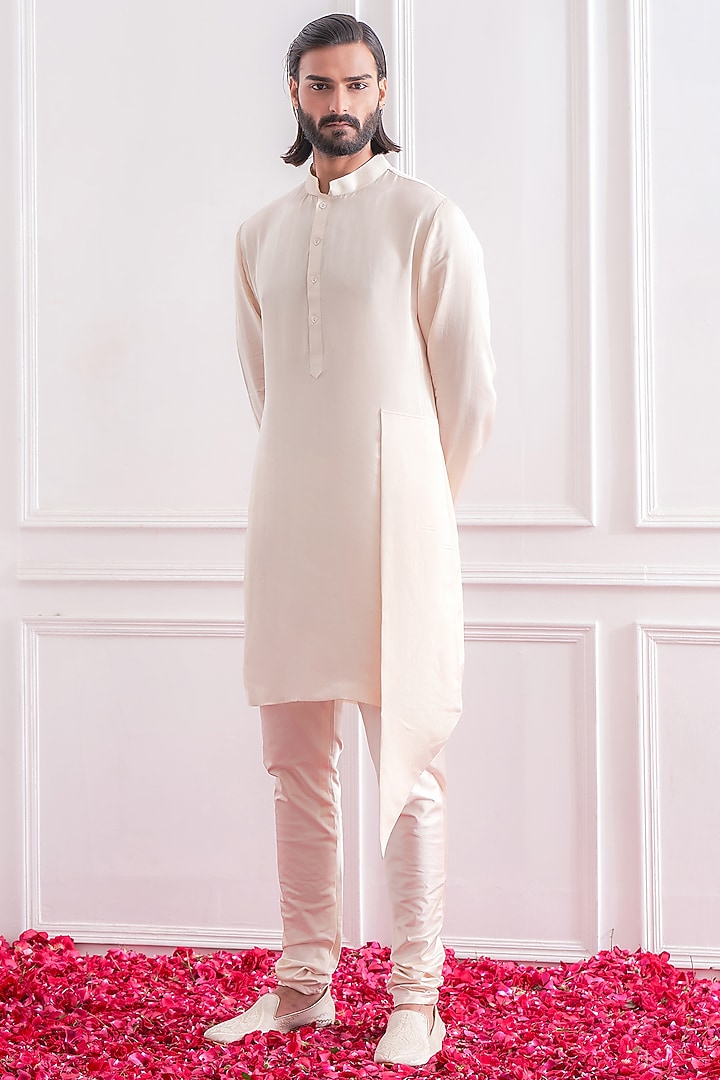 Champagne Asymmetrical Kurta Set With Nehru Jacket by Ankit V Kapoor at Pernia's Pop Up Shop
