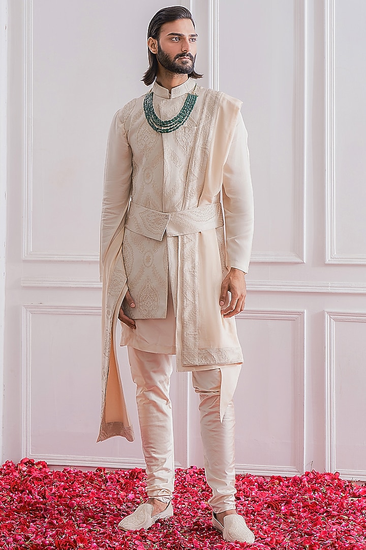 Champagne Jacquard Nehru Jacket by Ankit V Kapoor at Pernia's Pop Up Shop
