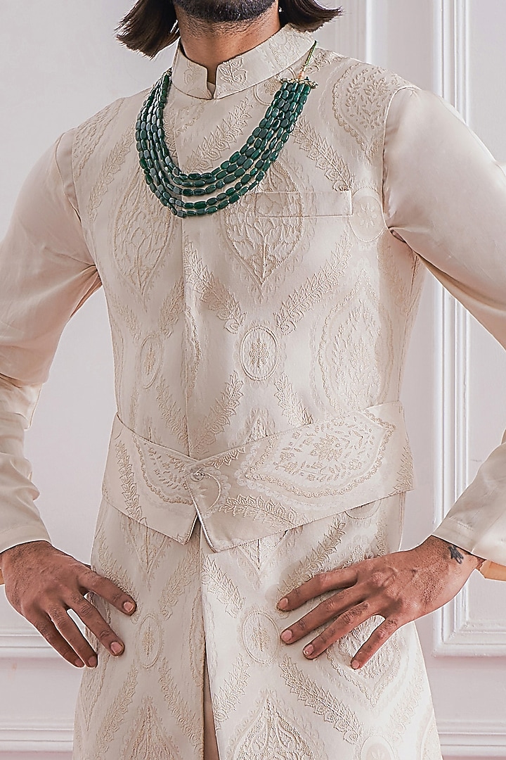 Champagne Jacquard Nehru Jacket by Ankit V Kapoor at Pernia's Pop Up Shop