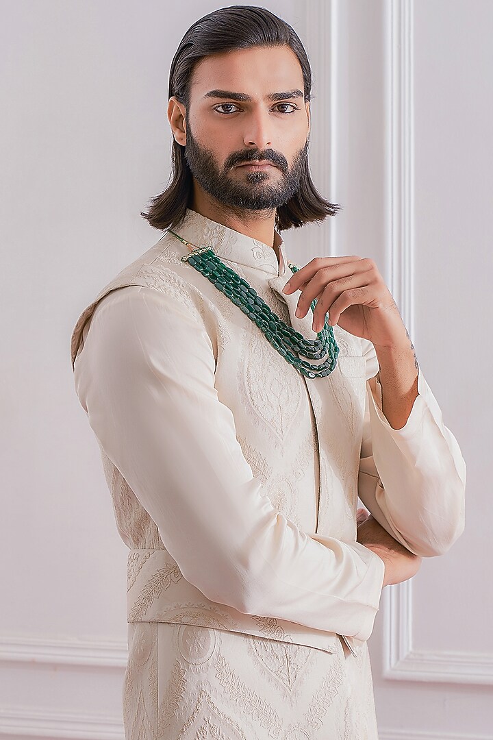 Champagne Jacquard Nehru Jacket by Ankit V Kapoor at Pernia's Pop Up Shop