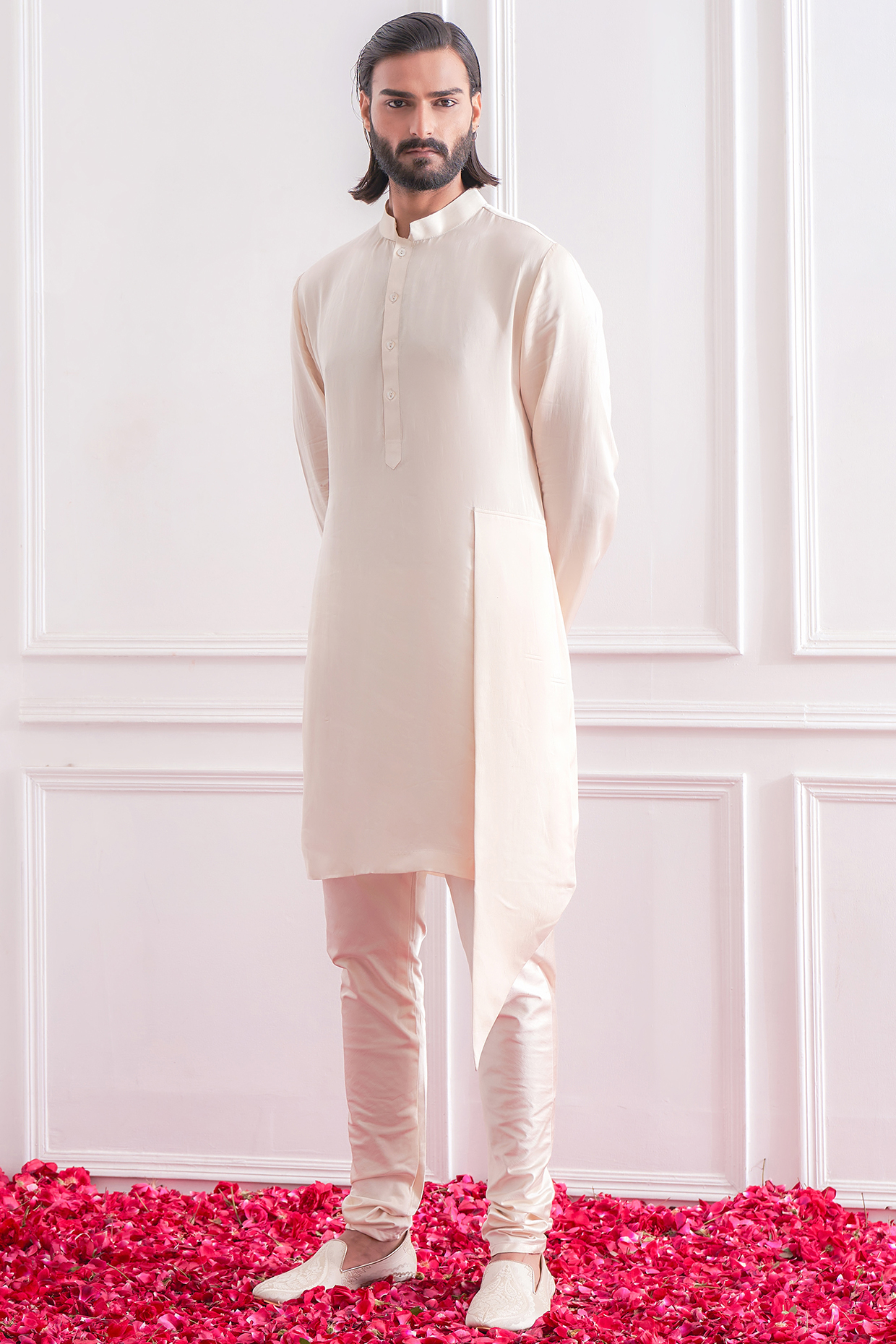 Champagne Asymmetrical Draped Kurta Set by Ankit V Kapoor at Pernia's Pop Up Shop