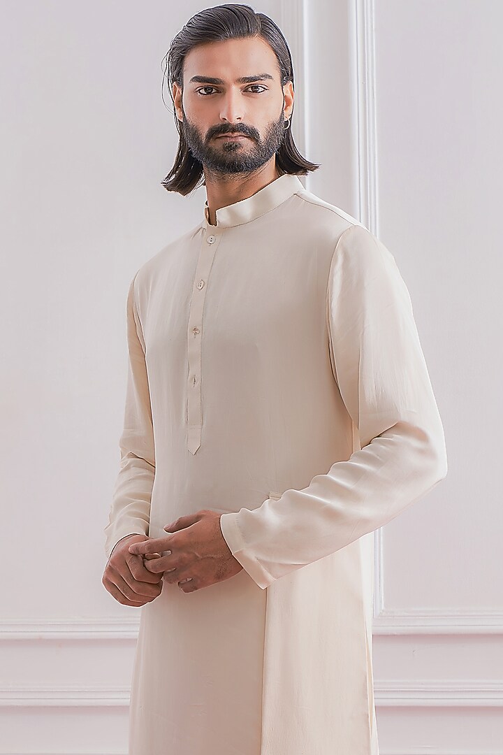 Champagne Asymmetrical Draped Kurta Set by Ankit V Kapoor at Pernia's Pop Up Shop