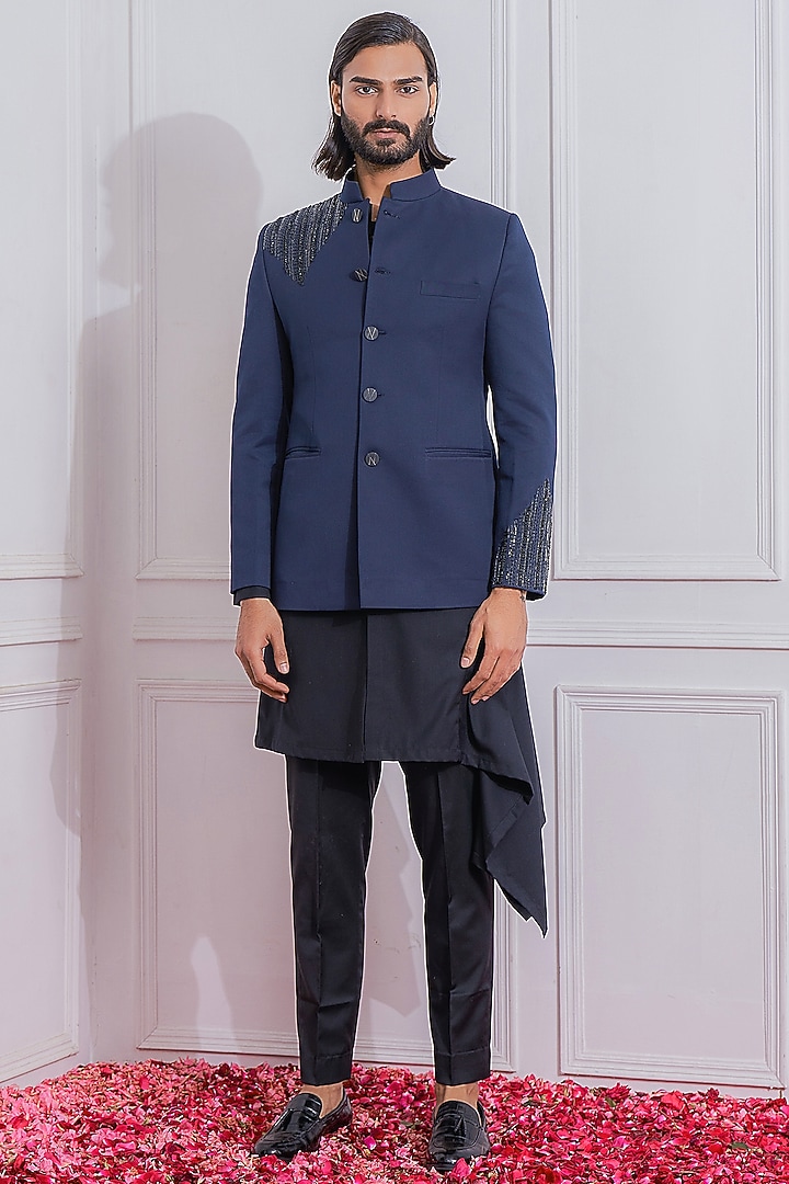 Navy Blue Hand Embroidered Wedding Bandhgala Jacket Set by Ankit V Kapoor at Pernia's Pop Up Shop
