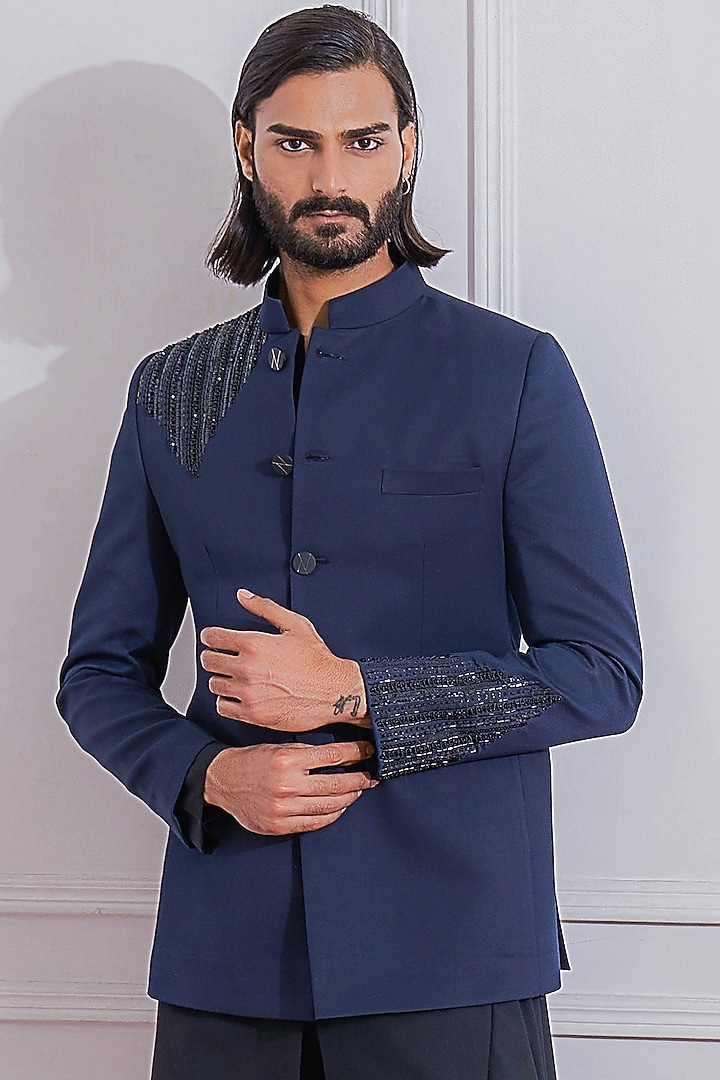 Navy Blue Hand Embroidered Wedding Bandhgala Jacket Set by Ankit V Kapoor at Pernia's Pop Up Shop