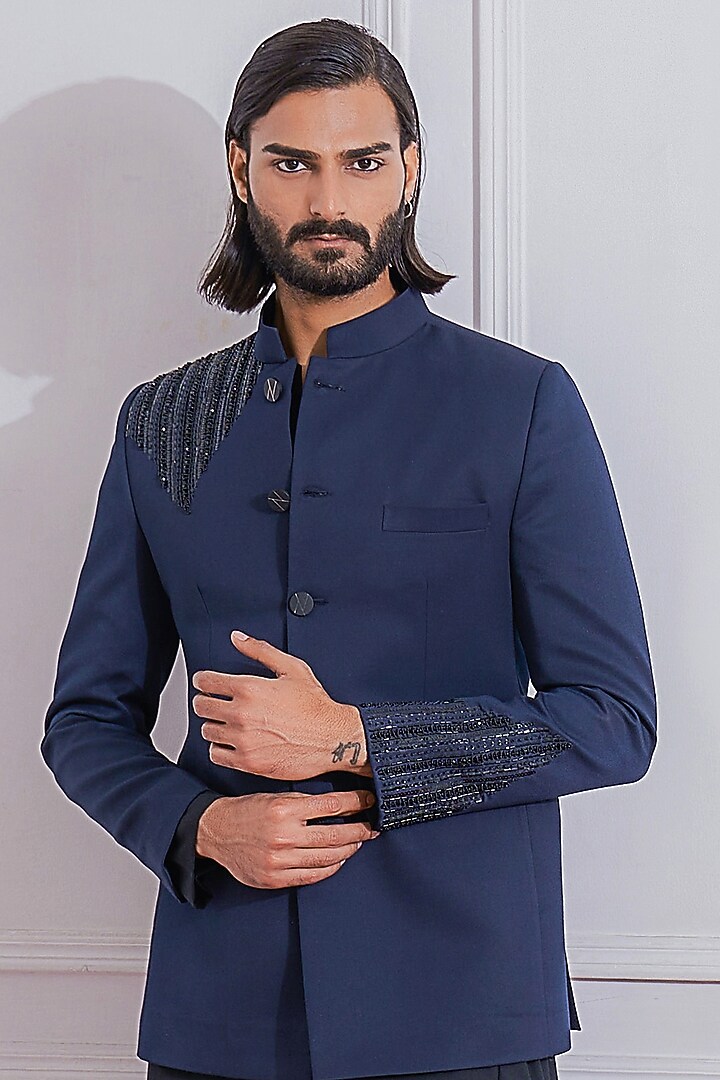 Navy Blue Hand Embroidered Wedding Bandhgala Jacket by Ankit V Kapoor at Pernia's Pop Up Shop