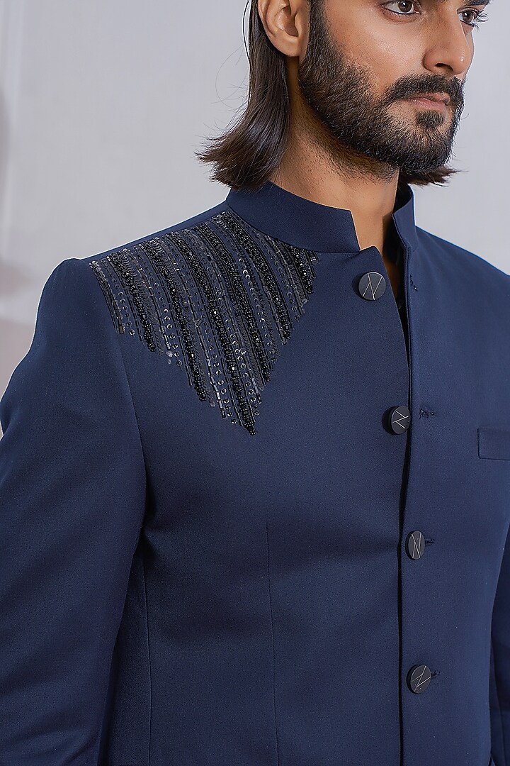 Navy Blue Hand Embroidered Wedding Bandhgala Jacket by Ankit V Kapoor at Pernia's Pop Up Shop