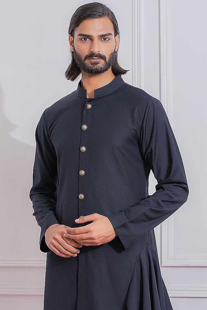 Black Asymmetrical Draped Kurta Set by Ankit V Kapoor at Pernia's Pop Up Shop