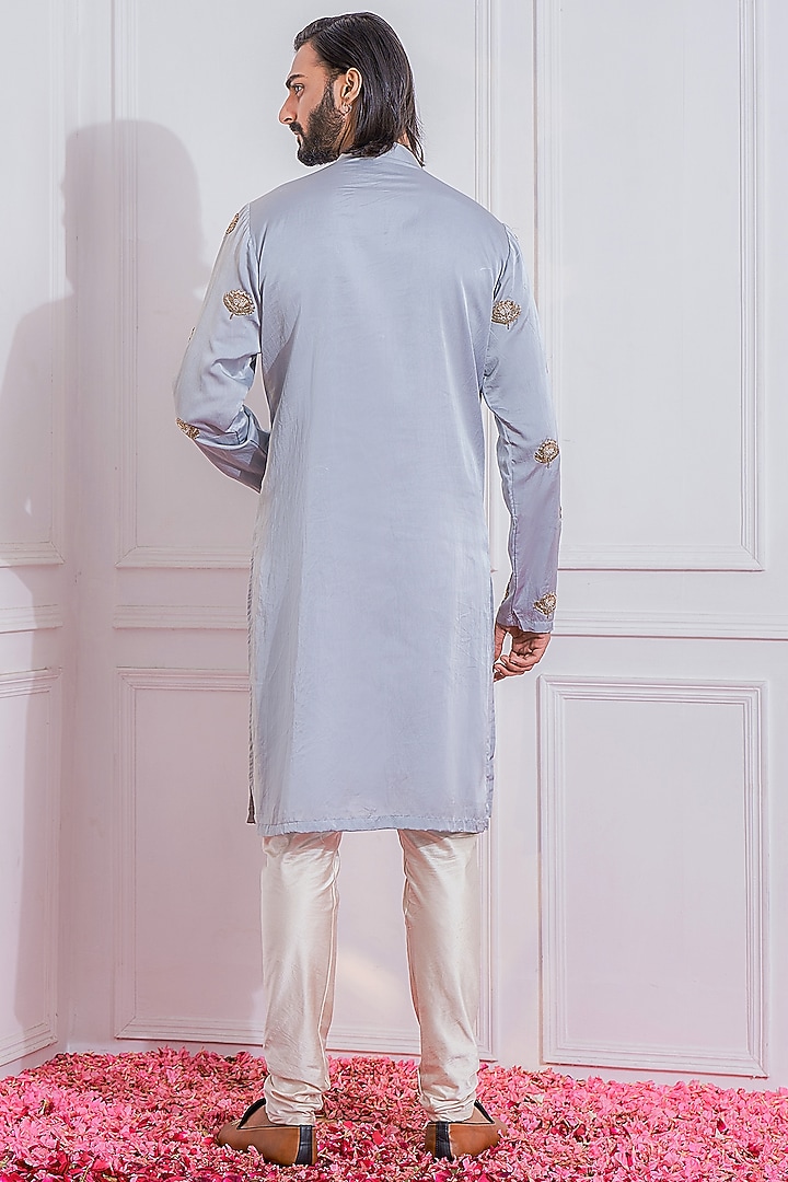 Shark Grey Satin Crepe Hand Embroidered Kurta Set by Ankit V Kapoor at Pernia's Pop Up Shop