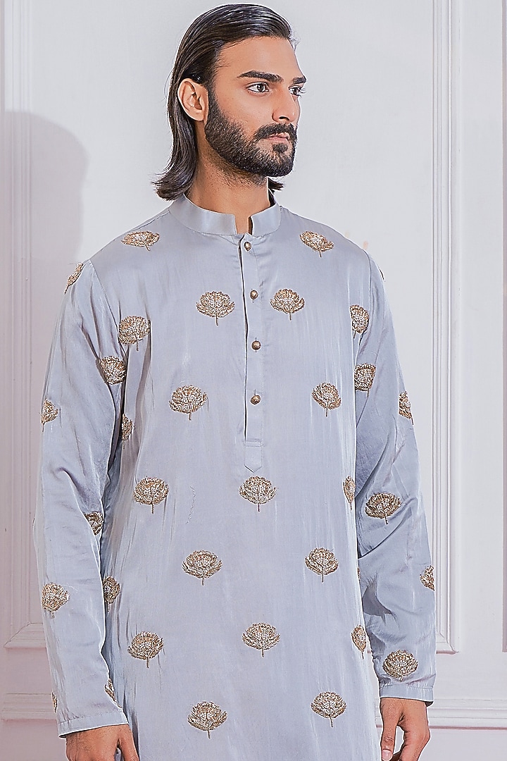 Shark Grey Satin Crepe Hand Embroidered Kurta Set by Ankit V Kapoor at Pernia's Pop Up Shop