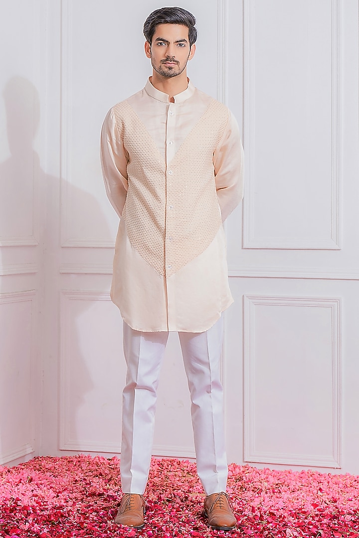 Peach Machine Embroidered Wedding Indowestern Set by Ankit V Kapoor at Pernia's Pop Up Shop
