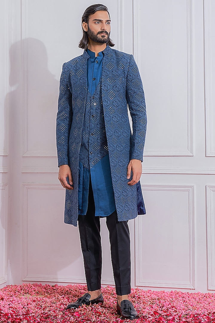 Space Blue Machine Embroidered Wedding Indowestern Set by Ankit V Kapoor at Pernia's Pop Up Shop