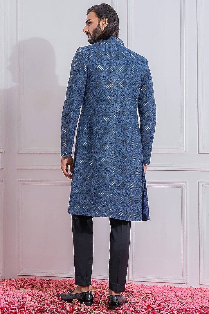 Space Blue Machine Embroidered Wedding Indowestern Set by Ankit V Kapoor at Pernia's Pop Up Shop
