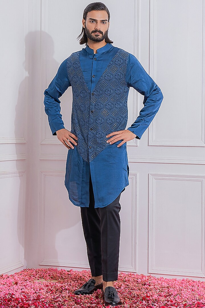 Space Blue Machine Embroidered Wedding Indowestern Set by Ankit V Kapoor at Pernia's Pop Up Shop
