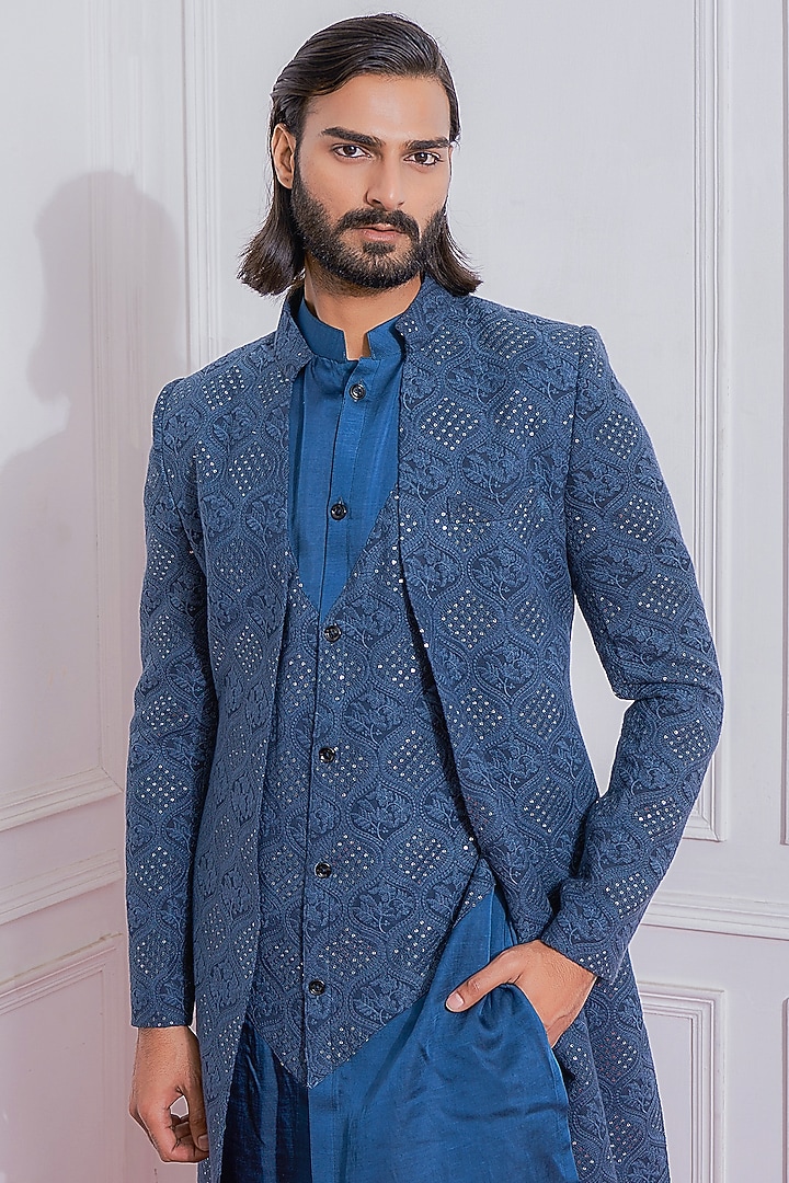 Space Blue Machine Embroidered Wedding Indowestern Set by Ankit V Kapoor at Pernia's Pop Up Shop