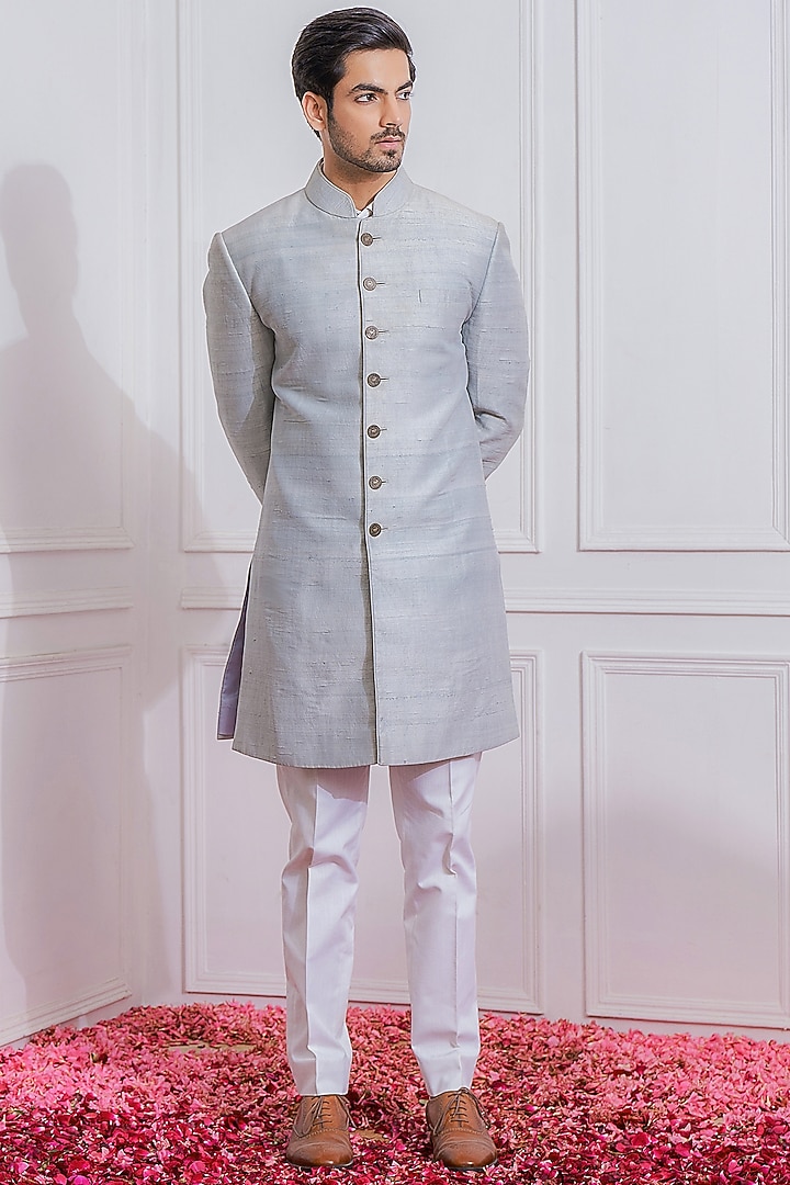 Light Grey Raw Silk Wedding Indowestern Jacket by Ankit V Kapoor at Pernia's Pop Up Shop