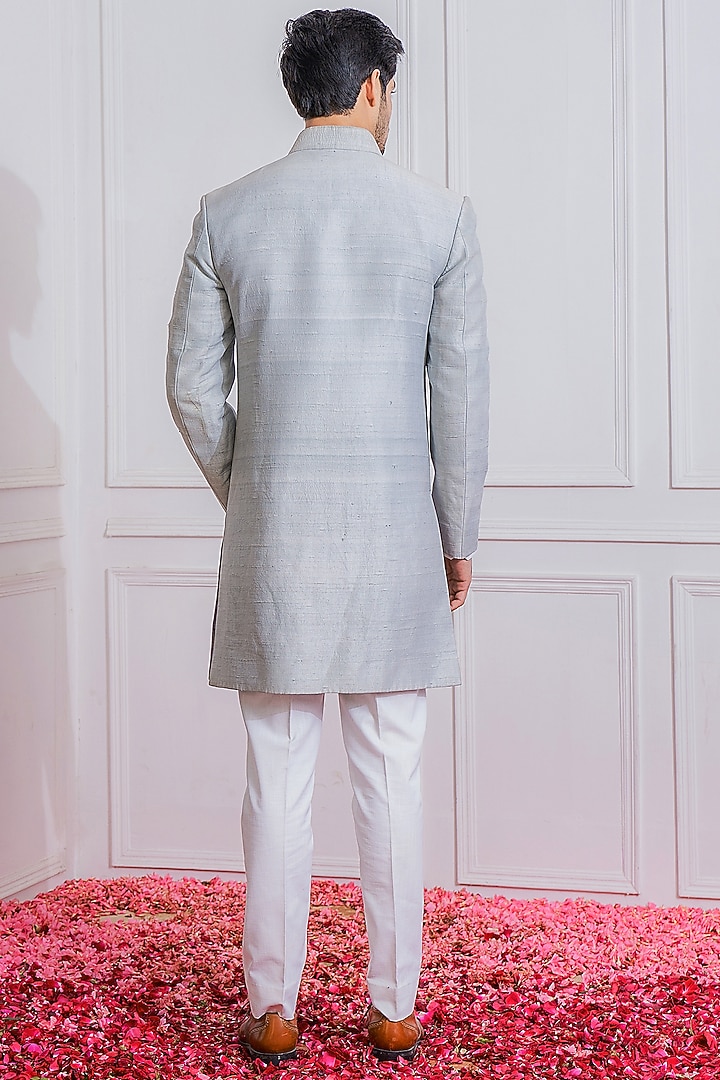 Light Grey Raw Silk Wedding Indowestern Jacket by Ankit V Kapoor at Pernia's Pop Up Shop