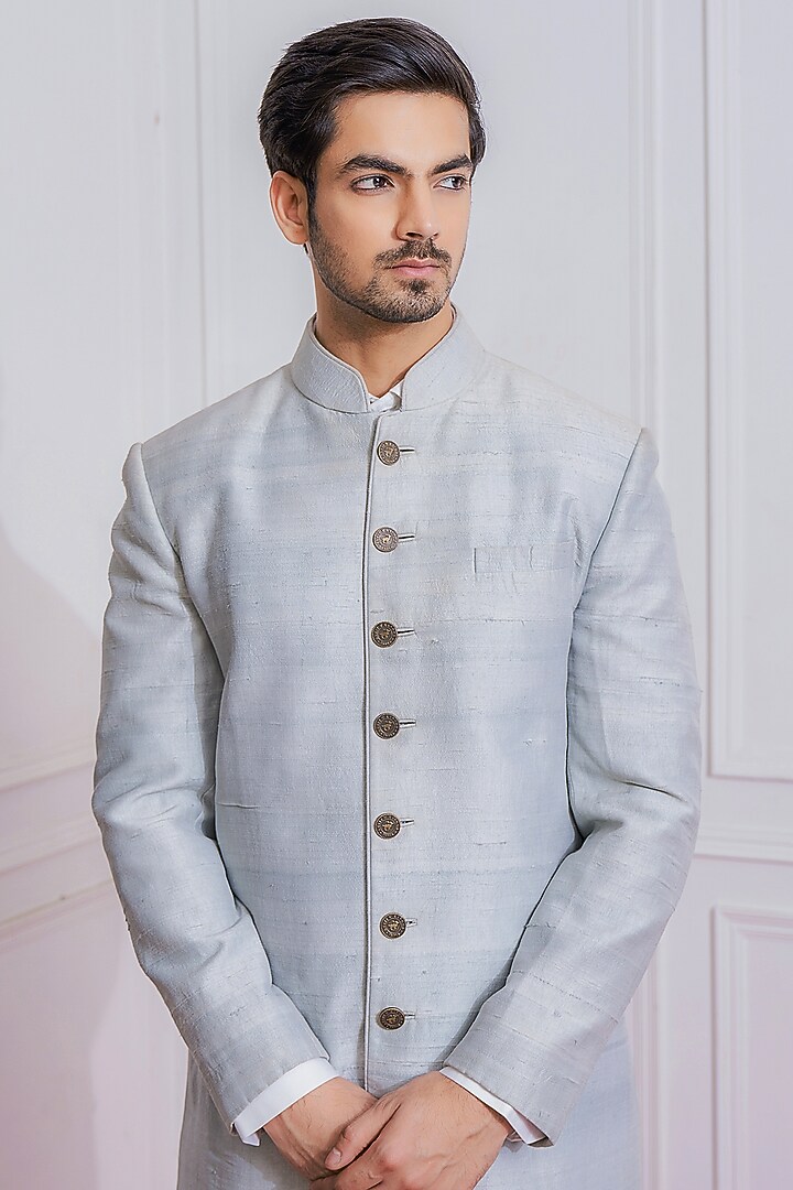 Light Grey Raw Silk Wedding Indowestern Jacket by Ankit V Kapoor at Pernia's Pop Up Shop