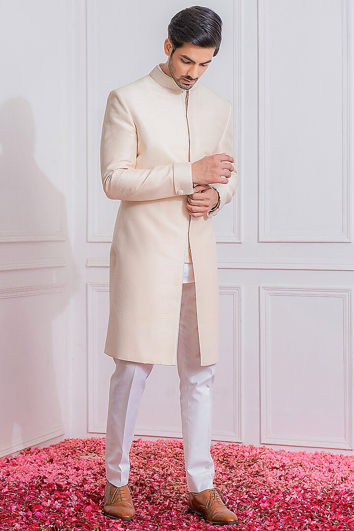 Peach Machine Embroidered Wedding Indowestern Jacket by Ankit V Kapoor at Pernia's Pop Up Shop