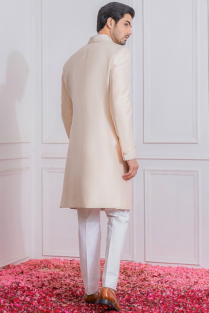 Peach Machine Embroidered Wedding Indowestern Jacket by Ankit V Kapoor at Pernia's Pop Up Shop