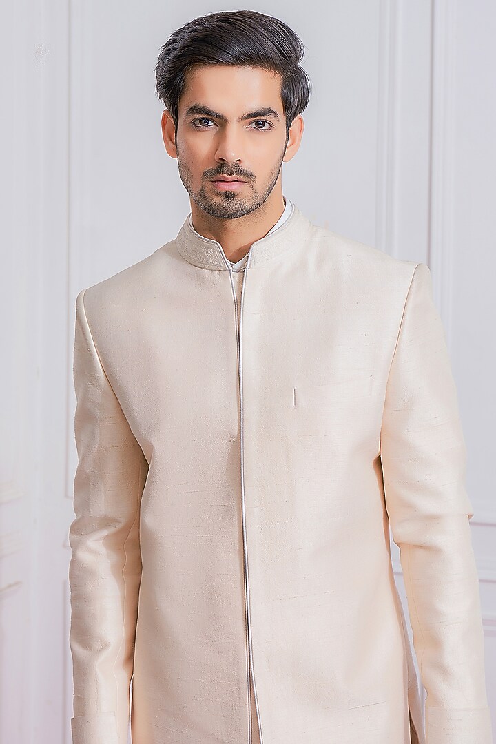 Peach Machine Embroidered Wedding Indowestern Jacket by Ankit V Kapoor at Pernia's Pop Up Shop