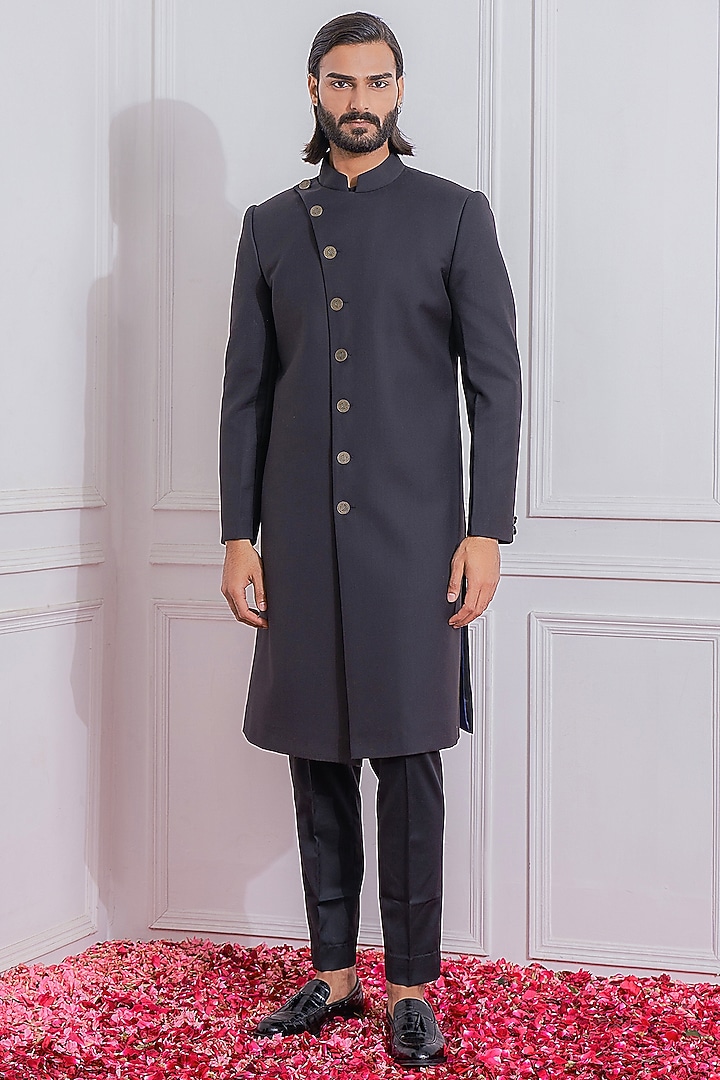 Black Suiting Wedding Indowestern Jacket by Ankit V Kapoor at Pernia's Pop Up Shop