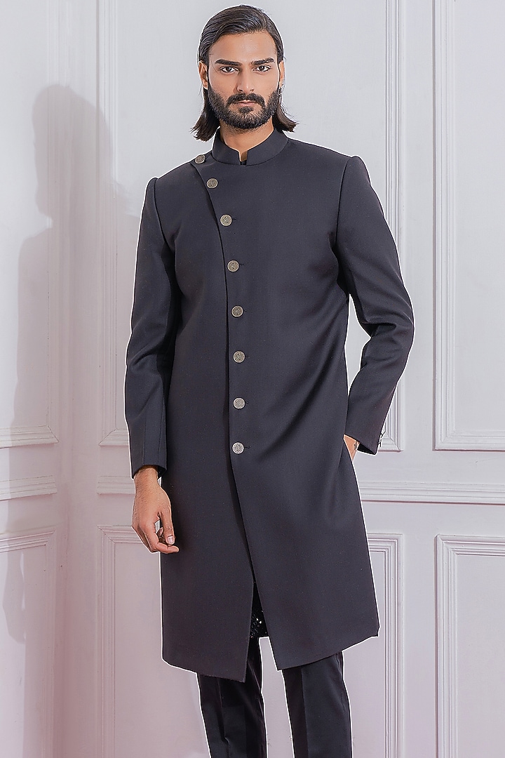 Black Suiting Wedding Indowestern Jacket by Ankit V Kapoor at Pernia's Pop Up Shop