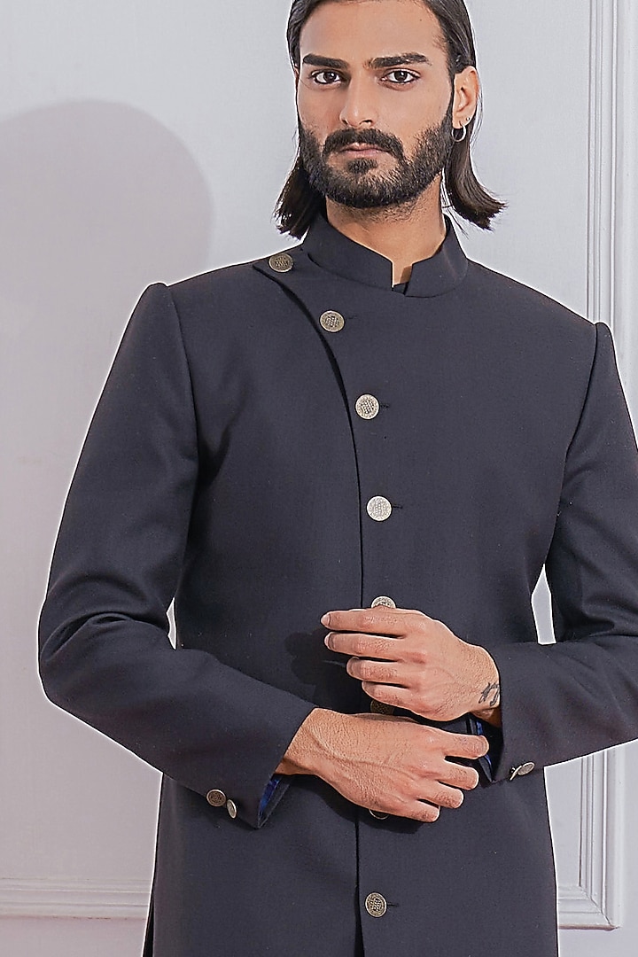 Black Suiting Wedding Indowestern Jacket by Ankit V Kapoor at Pernia's Pop Up Shop