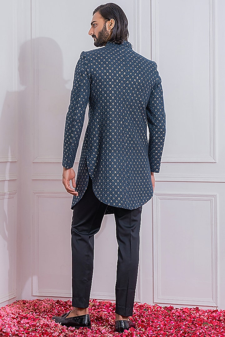 Slate Blue Machine Embroidered Wedding Indowestern Jacket by Ankit V Kapoor at Pernia's Pop Up Shop