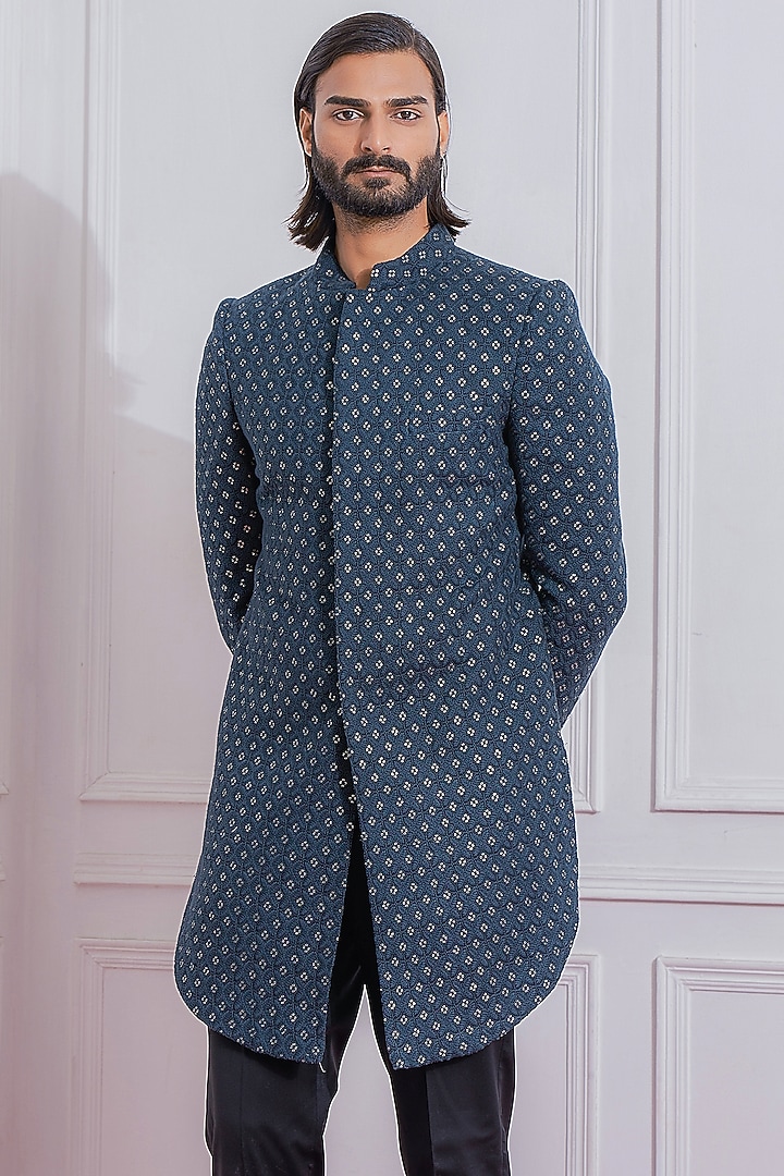 Slate Blue Machine Embroidered Wedding Indowestern Jacket by Ankit V Kapoor at Pernia's Pop Up Shop